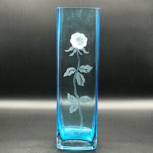 Vintage Royal Danube Square Blue Crystal Applied Flower Table Vase 13” Rare